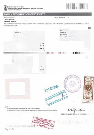 Certificado de familia NADRA Pakistán