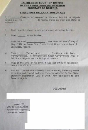 Sworn Affidavit of Age Nigeria